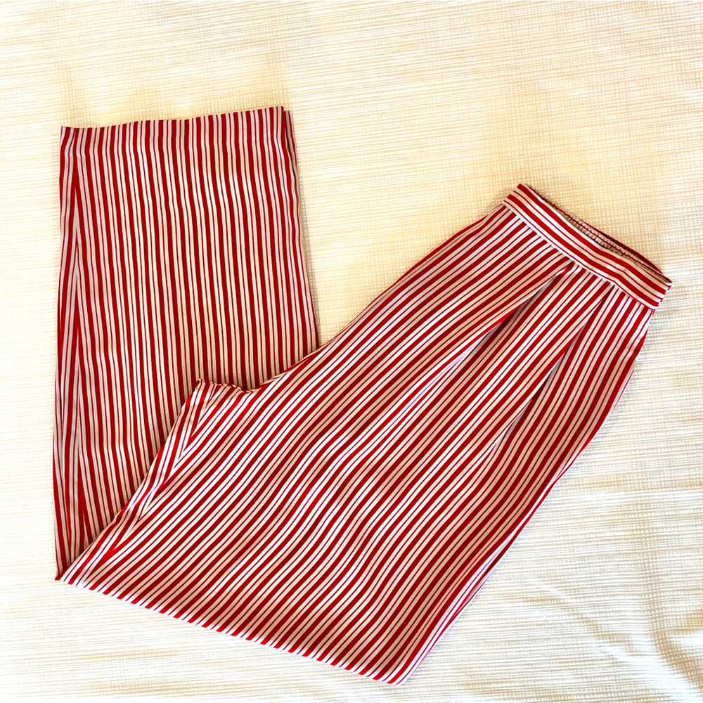 100% Silk Striped High Rise Relaxed Pants Red and Tan Vintage 90s Minimalist - Picture 13 of 16